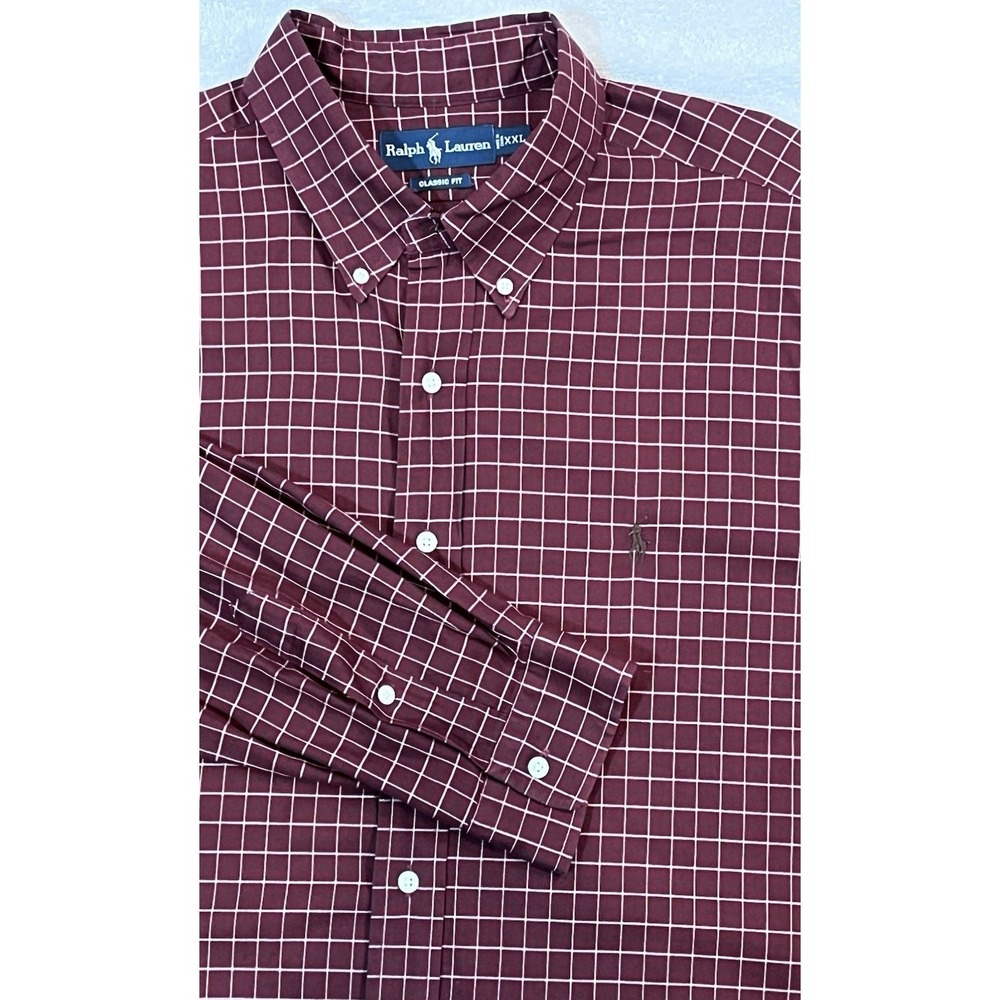 Polo Ralph Lauren Classic Fit Long Sleeve Maroon Check Men's XXL Pony Oxford